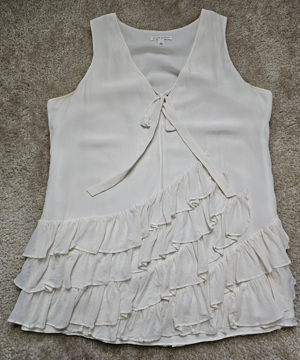 Banana Republic Women XL Ivory Ruffle Sleeveless Tie Front Blouse High Low